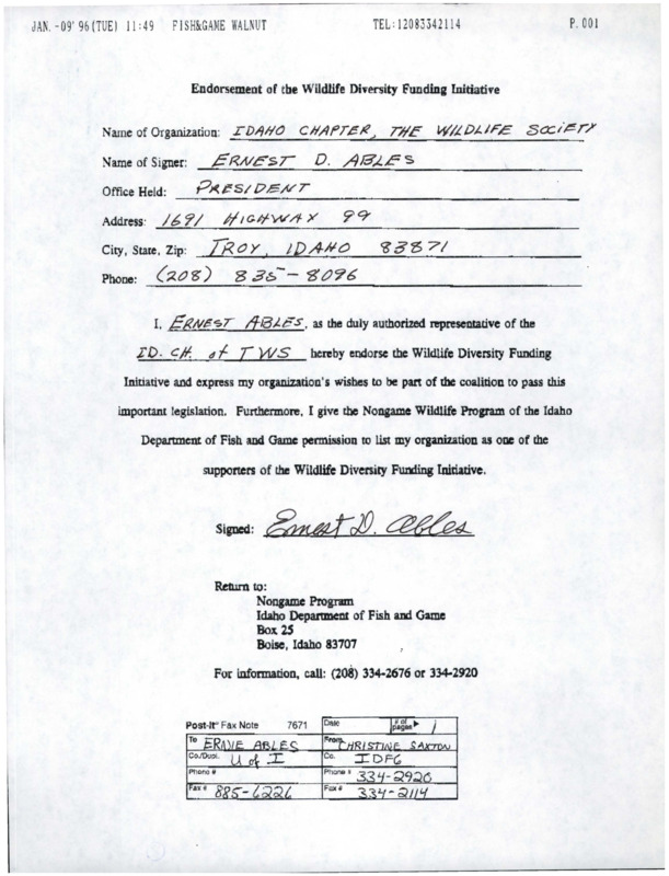 Form titled "Endorsement of the Wildlife Diversity Funding Initiative." The form is signed by Ernest D. Ables to endorse the WDFI and give permission to the Nongame Wildlife Program of the Idaho Department of Fish and Game to list the ICTWS as official supporters.