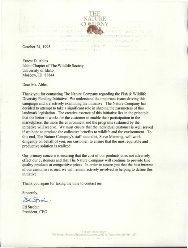 Letter from Ed Strobin, the CEO of The Nature Company about the Fish & Wildlife Diversity Funding Initiative tax proposal.