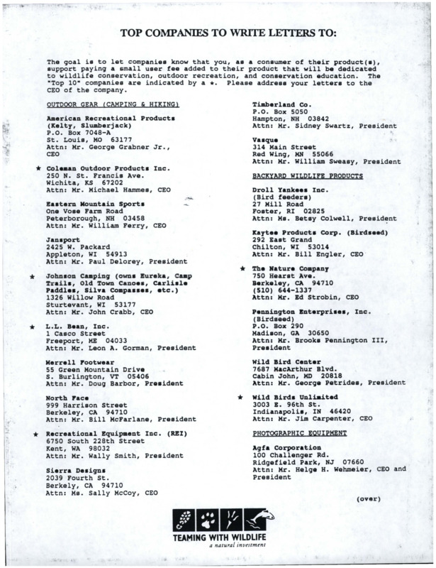 Document titled "Top Companies to Write Letters To." First page has a list of companies related to outdoor gear (camping & hiking), backyard wildlife products, and photographic equipment. Second page is titled "Teaming With Wildlife Coalition" and has a list of organizations.