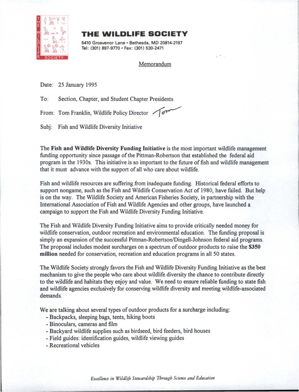 Fish and Wildlife Diversity Initiative Memorandum. The letter includes an explanation on the proposed 5% surcharge tax on outdoor gear, and steps for Sections, Chapters, and student chapters to take in order to support the FWDIM.