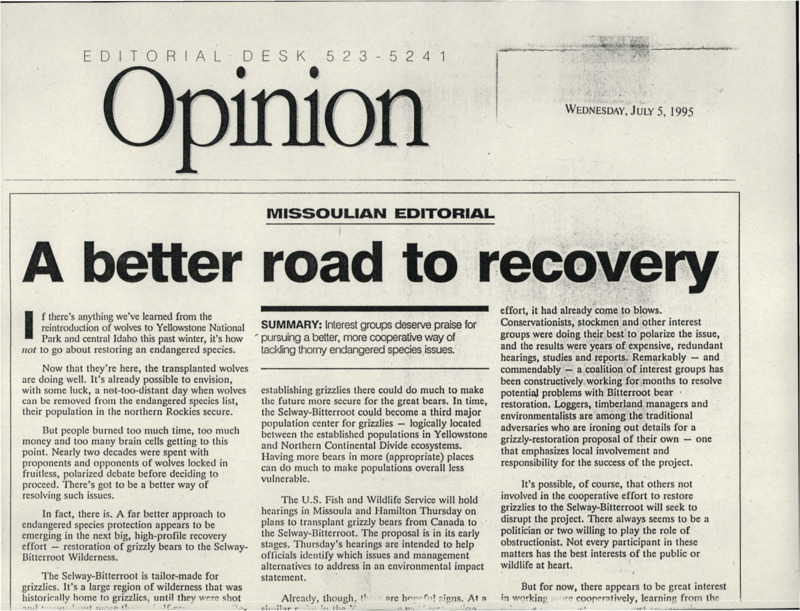 Newspaper clippings from various magazines detailing conversation and comments about the grizzly bear reintroduction. A table of questions and responses of the public's opinion is included as well.
