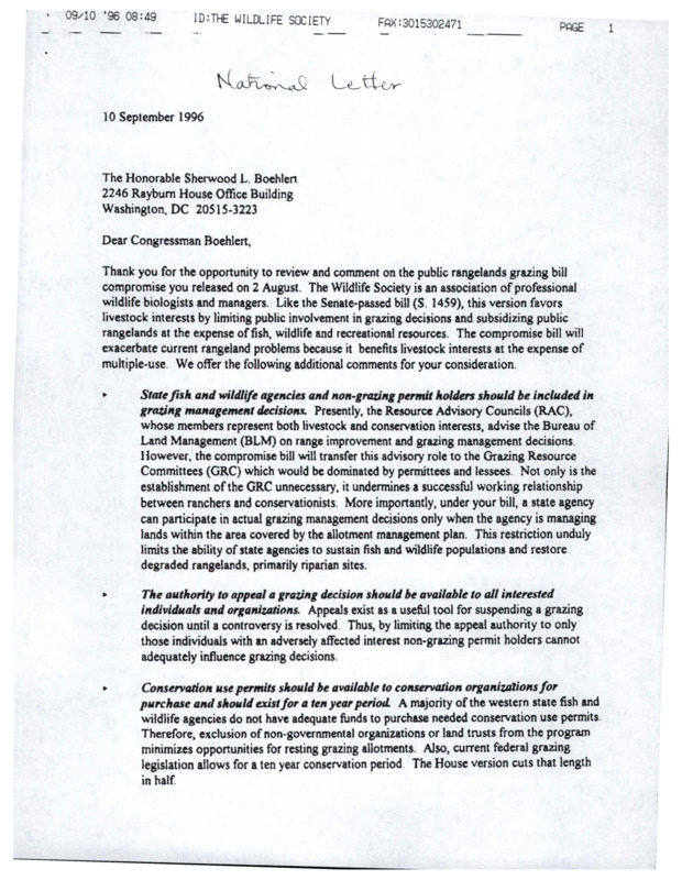 Letter and documents on a Public Rangelands Grazing Bill. Letter includes comments on the bill from the Wildlife Society. These comments oppose the grazing bill and provide detailed reasons as to why. The final document is an email that includes an comparative analysis of the Senate and House grazing bills.