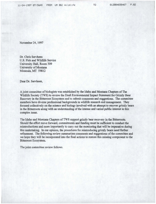 Letter on the joint committee review for the Draft Environmental Impact Statement for Grizzly Bear Recovery in the Bitterroot Ecosystem.