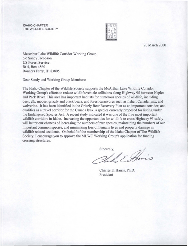 Letter on wildlife/vehicle collisions on Highway 95. Charles E. Harris encourages the letter recipient to approve the MLWC Working Group's application for funding crossing structures.
