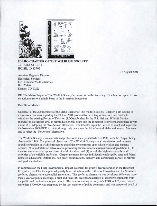 Letter about reestablishing grizzly bears in the Bitterroot Ecosystem under the preferred alternative in the FEIS.