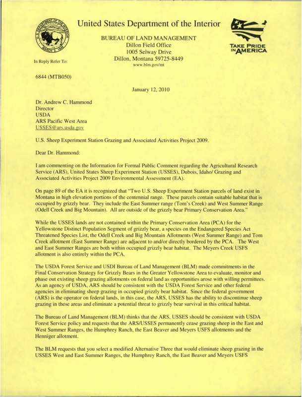 Letter on "U.S. Sheep Experiment Station Grazing and Associated Activities Project 2009."
