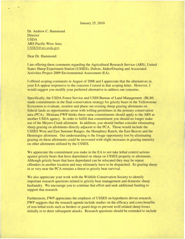 Letter on "Comments on ARS, USSES, and EA." Information includes but is not limited to grizzly bears, wolf-related sheep losses, private lands, bighorn sheep, and sheep grazing.