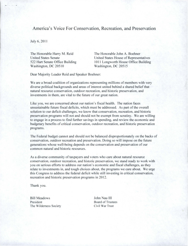 Letter on "America's Voice For Conservation, Recreation, and Preservation" about the nation's fiscal health. Attached is also a list of signatures from several national organizations, state, local, regional nonprofits, industries, and associations.