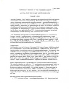 Northwest TWS Annual Business/Board meeting minutes, treasurer's report, list of meeting locations, and business meeting agenda. Last page of the item are handwritten notes.