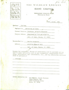 Professional Wildlifer Award nomination form for Jim Peek.