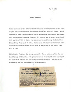 Statement about Cecil Andrus being honored by the Idaho Chapter with an attached newspaper clipping. Memorandum from Patricia J. Jynch to Jim Nee about buckles sales.