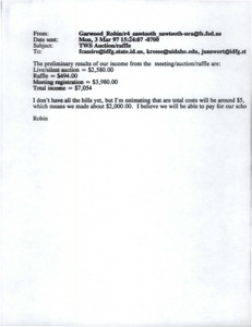Correspondence between Robin Garwood and Kerry Reese regarding the results of the TWS auction/raffle and the Red Lion Bill from the annual meeting. Included are handwritten notes possibly detailing a schedule and costs for the meeting.
