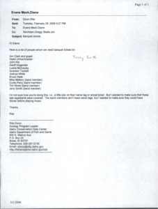 A printed email about 'Banquet tickets'.