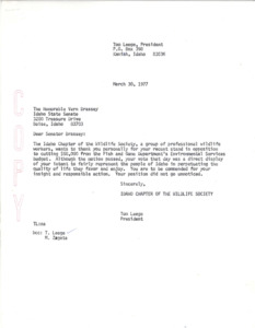 A collection of documents on the Fish and Game Department's Environmental Services Budget. Nine letters from Thomas Leege thanking congressmen their opposition in the budget cuts for the Fish and Game Department. First document titled "A GOP Attack on Fish and Game." Last document titled "Bureau of Game Routing and Transmittal Slip."