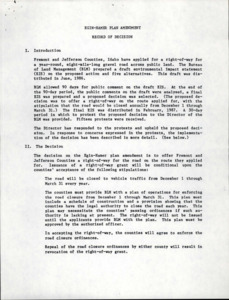 Document of Egin-Hamer Plan Amendment: Record of Decision. Second document of a map of road locations mentioned in the amendment.