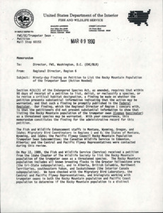 Letter about the ninety-day finding on petition to list the rocky mountain population of the trumpeter swan.