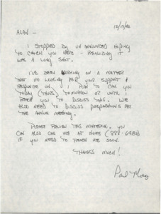 Letter from Paul Moroz about support from Alan on an unspecified matter, and to discuss future preparations on an annual meeting.