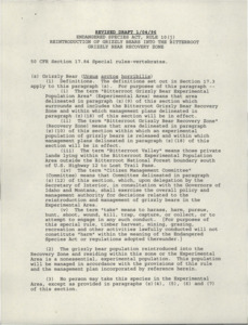 Revised draft of "Endangered Species Act, Rule 10 (j), Reintroduction of Grizzly Bears into the Bitterroot Grizzly Bear Recovery Zone."