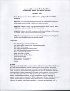 Documents regarding an Idaho Land Use Summit. Information includes summit objectives, synopsis, funding, speakers, and a budget.