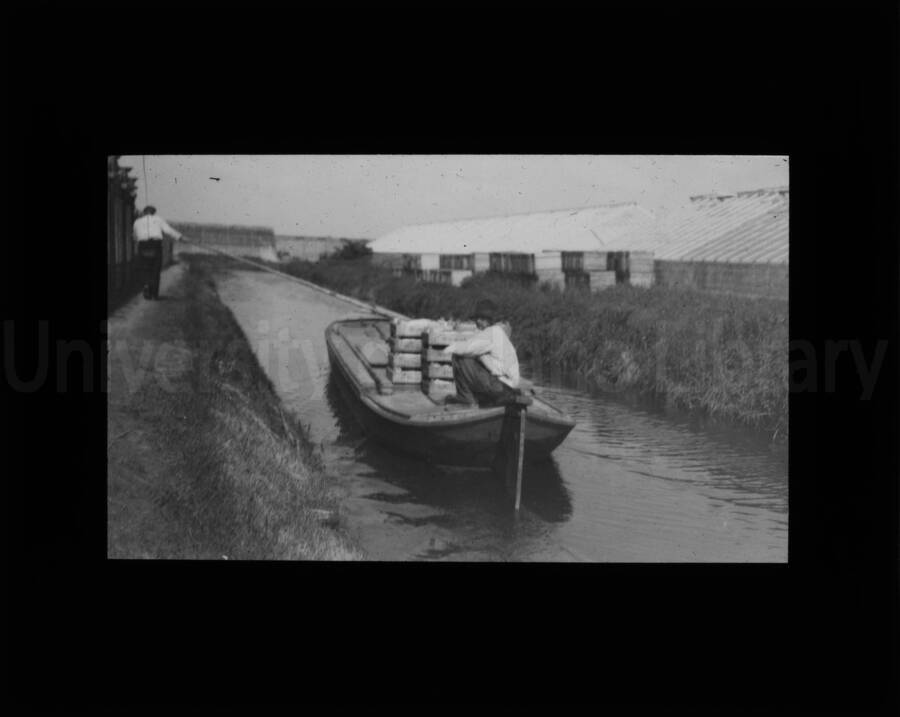 A boat with a passenger on board is pulled through a canal by a man walking along the shore.
