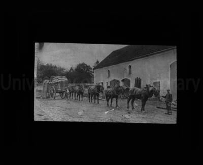 Two men posing by a heavily loaded two-wheeled carriage, pulled by five horses.