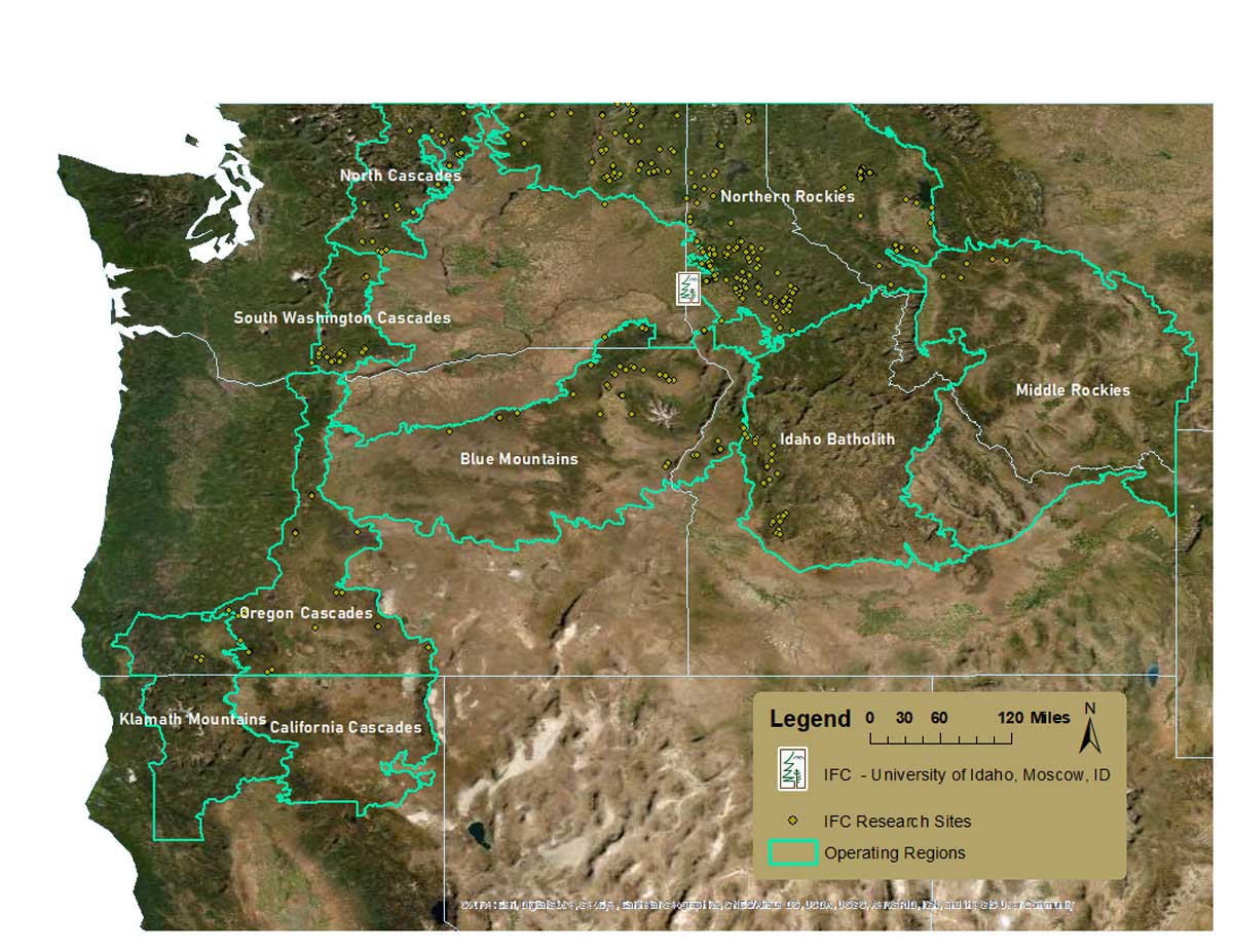 north west US map with many dots marking research locations
