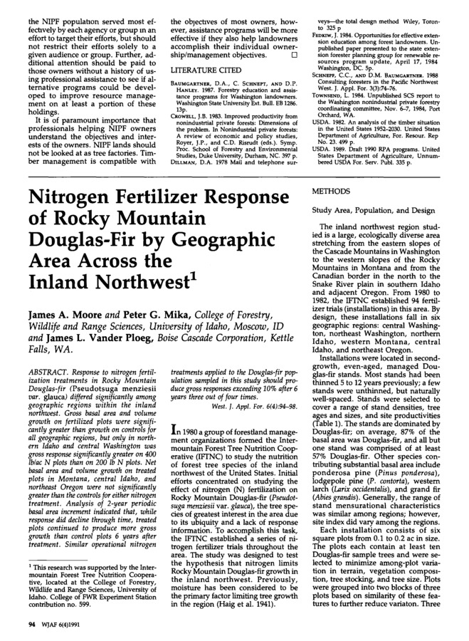 Response to nitrogen fertilization treatments differed significantly among geographic regions. Gross basal area andvolume growth on fertilized plots were significantly greater than growth on controls for all geographic regions, but only in northern Idaho and central Washington was gross response significantly greater on 400 lbs./a. N plots than on 200 lbs. N plots. Net basal area and volume growth on treated plots in Montana, central Idahoand northeast Oregon were not significantly greater than the controls for either nitrogen treatment. Analysis of two year periodic basal area increment indicated that, while response did decline through time, treated plots continued to produce more gross growth than control plots six years after treatment. Similar operational nitrogen treatments applied to the Douglas-fir population sampled in this study should produce gross responses exceeding ten percent after six years three out of four times.