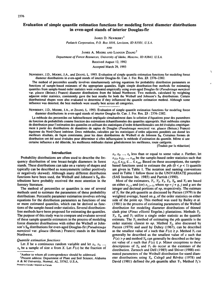 The method of percentiles usually involves simultaneously solving equations for probability distribution parameters as functions of sample-based estimates of the appropriate quantiles. Eight simple distribution-free methods for estimating quantiles from sample-based order statistics were evaluated empirically using even-aged Douglas-fir (Pseudotsuga menziesii var. glauca (Beissn.) Franco) diameter distributions from the Inland Northwest. Two methods, calculated by weighting adjacent order statistics. consistently gave the best results for both the Weibull and Johnson's So distributions. Certain distributional shapes were also evaluated to determine if they influenced the quantile estimation method. Although some influence was detected. the best methods were usually best across all categories.