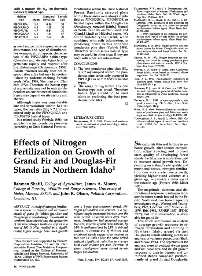 A study of nitrogen fertilization response in thinned and unthinned stands of grand fir (Abies grandis) and Douglas-fir (Pseudotsuga menziesii) in northern Idaho showed that the application of one urea nitrogen treatment applied at a rate of 200 lb N/ac resulted in a significantly higher average basal area growth over a 6-year post-treatment period. Nitrogen fertilization also resulted in a significant height increment increase over the same period. Fourteen years after treatment, fertilization had increased average tree size, in terms of total cubic volume, by 14% in unthinned and by 23% in thinned stands. A comparison of thinned and unthinned stands suggested an increase in tree size (&gt;300%) over the same period without significant reduction in average total cubic volume per acre. Patterns of stand development were altered by nitrogen fertilization.