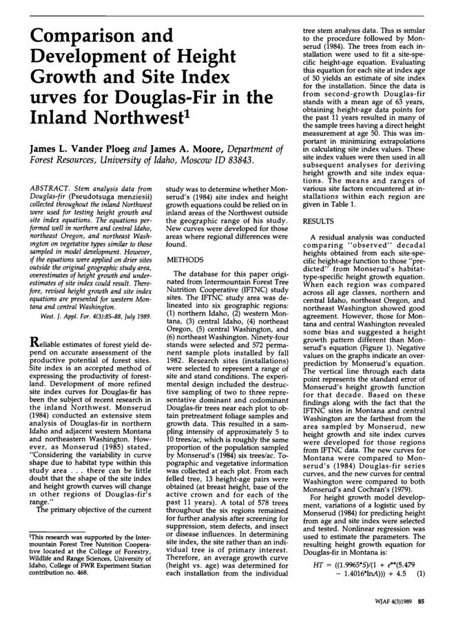 Stem analysis data from Douglas-fir (Pseudotsugam enziesii) collectetd throughout the inland Northwest were used for testing height growth and site index equations. The equations performed well in northern and centraI ldaho, northeast Oregon, and northeast Washington on vegetative types similar to those sampled in model development. However, if the equations were applied on drier sites outside the original geographic study area, overestimates of height growth and underestimates of site index could result. Therefore, revised height growth and site index equations are presented for western Montana and central Washington.