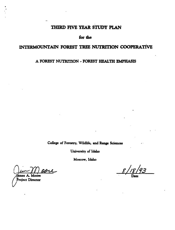 Document outlining the plan for the IFTNC for the next 5 years, it includes a goal statement and an experiment with the following Preface: Previous results from IFTNC Douglas-fir and ponderosa pine experiments suggest a link between nutrition, particularly potassium nutrition, and insect and disease pests. Mortality rates in the Douglas-fir trials were significantly higher instands with poor pre-treatment foliar K status after application of 400 lbs. of N/ Ac. lnterestingly, the most common mortality causes in this K status/ treatment category were root rots and bark beetles. Results from the Montana ponderosa pine experiment showed that N only treated plots experienced higher mortality rates, producing a net loss in volume growth after 4 years. Conversely, N + K treated plots showed less mortality than control plots. The net volume growth   effect associated with adding K was highly significant. Mortality on the N only plots was six times as great as control plot mortality; over 80% of it resulting from bark beetle activity N+ K plots showed less mortality than control plots with no bark beetle mortality.