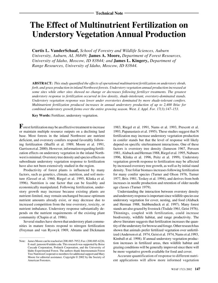 This study quantified the effects of operational multinutrient fertilization on understory shrub, forb, and grass production in inland Northwest forests. Understory vegetation annual production increased at some sites while other sites showed no change or decreases following fertilizer treatments. The greatest understory response to fertilization occurred in low density, shade-intolerant, overstory-dominated stands. Understory vegetation response was lower under overstories dominated by more shade-tolerant conifers. Multinutrient fertilization produced increases in annual understory production of up to 2,400 lb/ac for combined understory growth forms over the entire growing season.