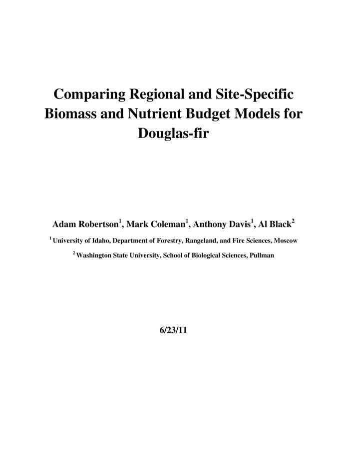 Biomass estimation models are often used to aid in developing site nutrient budgets. However, readily available biomass models are regional and thus potentially mask nutritional affects of site-type. Site nutrient richness may influence Douglas-fir allometric relationships and could affect the nutrient content of tree components. To test this, we selected mature stands of consistent climate regime that were deemed either poor site nutrition (quartzite parent material, 3 sites) or good site nutrition (basalt parent material, 3 sites). This comparison will help define when and where generalized or site-specific biomass models.