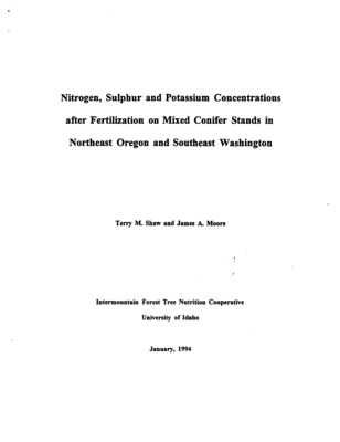 Post fertilization nitrogen, sulphur and potassium foliar nutrient concentrations were examined for several species of conifers. This study found grand fIr (Abies grandis) foliar nitrogen uptake and potassium levels were higher than compared species Douglas-fir (pseudotsuga menziesii), ponderosa pine (pinus ponderosa) and lodgepole pine (pinus contorta var. latifolia). Douglas-fir foliar nutrient concentrations were higher than ponderosa pine or lodgepole pine. The addition of nitrogen alone tends to cause a decrease in foliar potassium levels for all the species examined. Increases in nitrogen foliar concentrations were consistently higher on the nitrogen alone treatments than the nitrogen plus sulphur treatments.