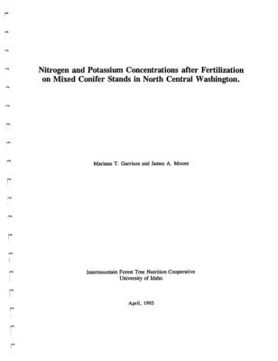 Post fertilization foliar nitrogen and potassium concentrations and needle weights were examined for Douglas-fir (Pseudotsuga menzeisii), lodgepole pine (pinus contorta) and ponderosa pine (pinus ponderosa) in north central Washington. Foliar nitrogen concentration was found to increase and foliar potassium concentration to remain the same or decrease following fertilization. Lodgepole pine showed the most efficient uptake for both nitrogen and potassium. Potassium to nitrogen ratios decreased following treatment. Needle weights for lodgepole pine  increased following fertilization. Foliar magnesium, boron, iron and zinc levels were also examined for lodgepole pine and ponderosa pine occurring on pumice soils versus glacial till soils. Response to treatment varied widely, but expected nutrient deficiencies due to pumice soils did not materialize except for lodgepole pine magnesium levels on untreated plots. Boron and iron showed unexpected increases on pumice soils following combined nitrogen and potassium treatment, leading us to suspect that some other soil layer may underlie the pumice soil.