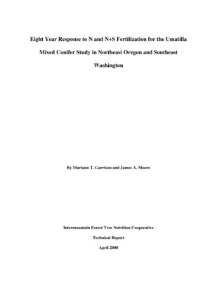 Eight study sites were established in 1991 on the Umatilla National Forest to study forest growth response to nitrogen and nitrogen-sulfur fertilization. The eight sites corresponded to four locations, Pomeroy, Pendleton, Ukiah and Heppner, which were arrayed in a linear fashion from northeast to southwest across the Forest. While this location effect was confounded with many other factors, it was an important blocking factor for analyses of fertilization growth response. However, it was difficult to identify which location factors influenced fertilization response. The more mature stands at Pomeroy and Pendleton were analyzed together, while the Ukiah and Heppner sites were analyzed separately. Overall, while both N and N+S showed positive growth responses, N+S provided the greatest eight-year volume response. This response was greatest for the mature stands at the Pomeroy and Pendleton study sites. A positive N+S response did occur at Heppner, but was only detectable in analysis of relative volume response. Ukiah did not show a significant fertilization response. Both Heppner and Ukiah were difficult to analyze and understand due to problems inherent in their small tree sizes and open-grown conditions, as well as to wide variation in initial conditions. Two-year periodic volume growth was also calculated and displayed for each of the four locations. Periodic fertilizer responses were strongest during the first two to six years of the study, and fertilizer effect has diminished to the point of being almost indiscernible during the most recent two-year period.
