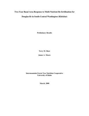 Six fertilization study sites located in the Klickitat region of south-central Washington were established and fertilized in 1990 and then re-fertilized in 1998. Six-year plot response by treatment from the initial fertilization was analyzed and presented in 1997. Two-year re-fertilization plot response by treatment is presented here in short summary form with a final report to follow after further analysis. A brief introduction with site characteristics (Table1), treatments (Table 2) plot response by treatment tables (Tables 3-6) and vector analysis interpretation and diagnosis (Figures 1) follow this summary.  Two-years after re-fertilization the average gross basal area response overall sites combined was - 3.7%, -3.7% and 0.1% for N, N+S and N+S+Micro applications, respectively (Table 3). In comparison, overall six-year volume response reported by Garrison (1997) was positive but was also poor with 10.3% and 8.4% response on the N and N+K applications, respectively (Table 4). Comparison of geologic parent materials underlying the sites showed that four installations occur on Wanapum basalt, one on Grande Ronde basalt and one on landslide olivine basalt. The Wanapum basalt and olivine basalt responded poorly but the single installation which occurred on a Grande Ronde basalt responded very well, with 30.7%, 36.0% and a significant (p &lt; 0.10) 61.3% for N, N+S and N+S+Micro applications, respectively (Table 5). Similarly, six-year volume response also showed this pattern with sites on Wanapum and olivine basalt  responding poorly (data not shown, Garrison et al, 1997) while Grande Ronde basalt response was good with 35.7% and 30% for the N and N+K applications (Table 6). It appears that all the significant (p &lt; 0.10) positive re-fertilization effect was due to the growth response of the Grande Ronde basalt. Notably, the addition of micro nutrients in the 1998 re-fertilization increased response over the N+S treatment by 25.3%. Notably, other IFTNC sites located on Grande Ronde and Wanapum parent materials show similar response trends. Grande Ronde sites almost always respond well to fertilization while Wanapum sites almost always respond poorly to fertilization.  Vector analysis of foliar response (Shaw and Moore, 1999) also diagnosed Grande Ronde basalt as the best responder to fertilization (Figure 1). Furthermore, vector analysis diagnosed good foliar response for Wanapum and olivine basalts, however, this good foliar response did not translate into good two-year basal area growth response for these two rock types. Perhaps nutrients other than those that were applied in the fertilizer mix were deficient and in-turn reduced response on the Wanapum and olivine basalts. For example, vector analysis identified possible Ca deficiencies for olivine basalt and P deficiencies for Wanapum basalt (Figure 1). Further testing needs to be done to determine the validity of Ca and P deficiencies or other possible growth reducing site factors.  Many site induced confounding factors have complicated the results given in this report. In response, additional analysis is now being performed and will be presented in a final report.