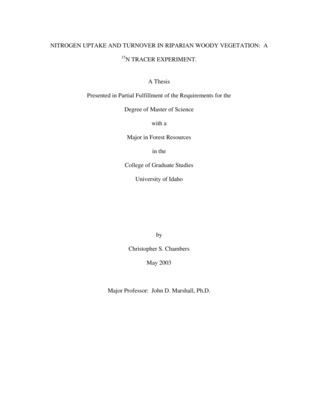 The nutrient balance of streams and adjacent riparian ecosystems may have been modified by the elimination of anadromous fish runs and perhaps by forest fertilization. To better understand nitrogen dynamics within stream and riparian ecosystems, and the nitrogen transfer between them, we fertilized two streams and their adjacent riparian corridors in central Idaho. On each stream two nitrogen doses were applied to a swathe approximately 35 m wide centered on the stream. The fertilizer N was enriched in 15N to 18%. This enrichment is light relative to many previous labeling studies, yet sufficient to yield a traceable signal in riparian and stream biota. This paper reports pre-treatment differences in ?15N and the first-year N response to fertilizer within the riparian woody plant community. Future manuscripts will describe the transfer of allochthonous litter N to the stream and its subsequent processing by stream biota. Pre-treatment ?15N differed between the two creeks (p = 0.00016), possibly due to residual salmon nitrogen on one of the creeks. Pre-treatment ?15N of current-year needles was enriched compared to leaf litter, which was in turn enriched compared to needles aged 4 years and older. This leads us to conclude that fractionation due to retranslocation occurs in two phases. The first, which optimizes allocation of N in younger needle age classes, is distinctly different from the second, which conserves N prior to abscission. The ?15N difference between creeks was eliminated by the fertilization (p = 0.42). In the two dominant conifer species, Abies lasiocarpa and Picea engelmannii, most fertilizer N was found in the current-year foliage; little was found in older needles and none was detected in litter (p = 0.53). In the only N-fixing shrub species, Alnus incana, little fertilizer N was detected (mean percent N derived from fertilizer (%Ndff) 5.0 1.6% (se)). Far more fertilizer N was taken up by other deciduous shrubs (mean %Ndff = 33.9 4.5%).  Fertilizer N made up 25 ( 4.2%) of the N in deciduous shrub litter. These results demonstrate the importance of pre-treatment measurements, the feasibility of light labeling with 15N, and the potential influence of riparian plant species composition on stream nutrient dynamics via allochthonous leaf litter inputs.