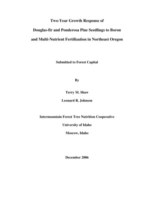 The two-year growth effects for Douglas-fir and ponderosa pine seedlings receiving boron and/or multi-nutrient fertilizer treatments were evaluated on sites with two contrasting parent materials, basalt and andesite, in northeast Oregon. In general, the overall growth effect of fertilization was low and varied by treatment, species and site. In most cases, when boron was applied alone, response was low or antagonistic for both species. Boron in combination with other nutrients did not consistently show higher responses over treatments without B in the mix. However, ponderosa pine at the Noregaard site did show higher response when B was in the fertilizer treatment. Significant (p &lt; 0.10) two-year response was shown for ponderosa pine at Noregaard with 22% and 36% increase in volume growth for the N+B and multi-nutrient with B treatments, respectively. Overall, trees did have better growth response to fertilization at the Noregaard (good rock) basalt site than at the Glass Hill (bad rock) andesite site. The varied and unusually low growth response may be attributed to confounding effects caused by repeated fertilization treatments over the duration of this study.