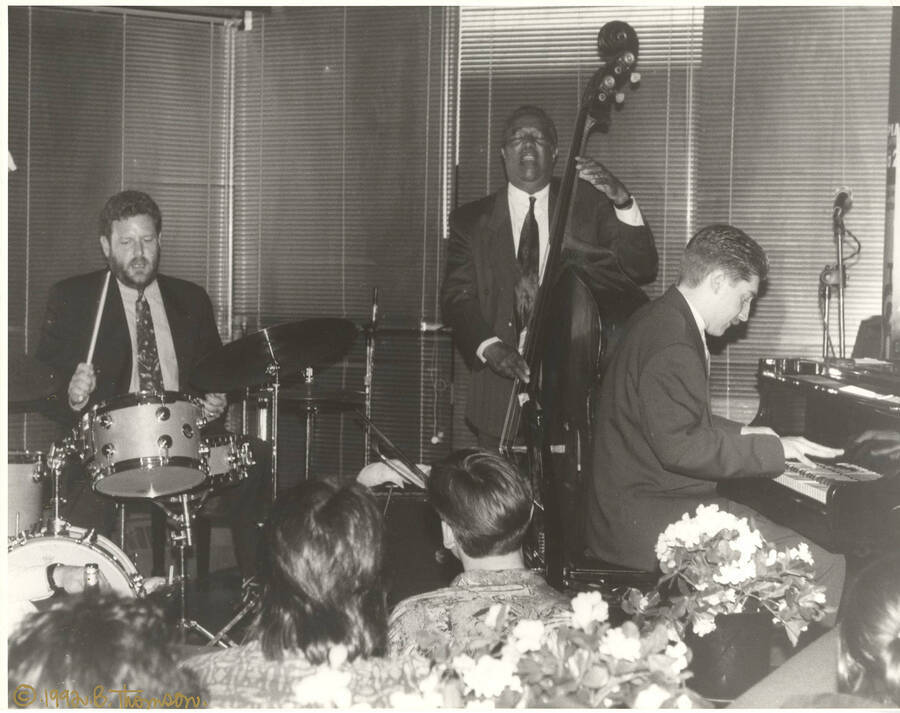 Ray Brown, Jeff Hamilton, and Benny Green at Bermuda Onion Club, Toronto, September 1992.  11 x 14 inch black and white photograph by Barry Thomson (Toronto, Ontario).