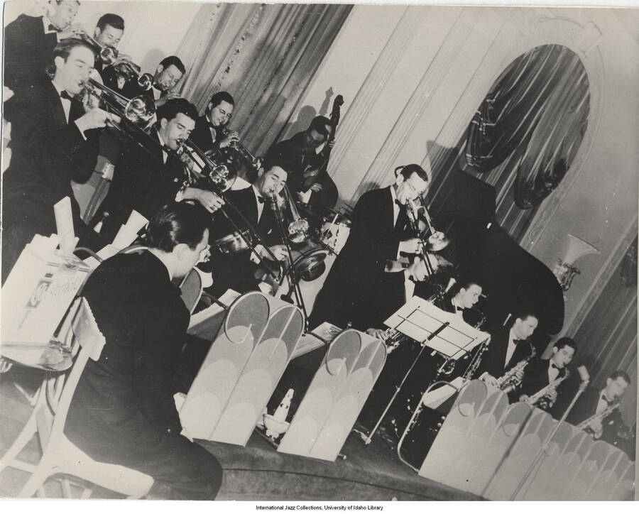 6 1/4 x 8 inch photograph; Glenn Miller Orchestra. Handwritten on the back of the photograph: B. Woodruf