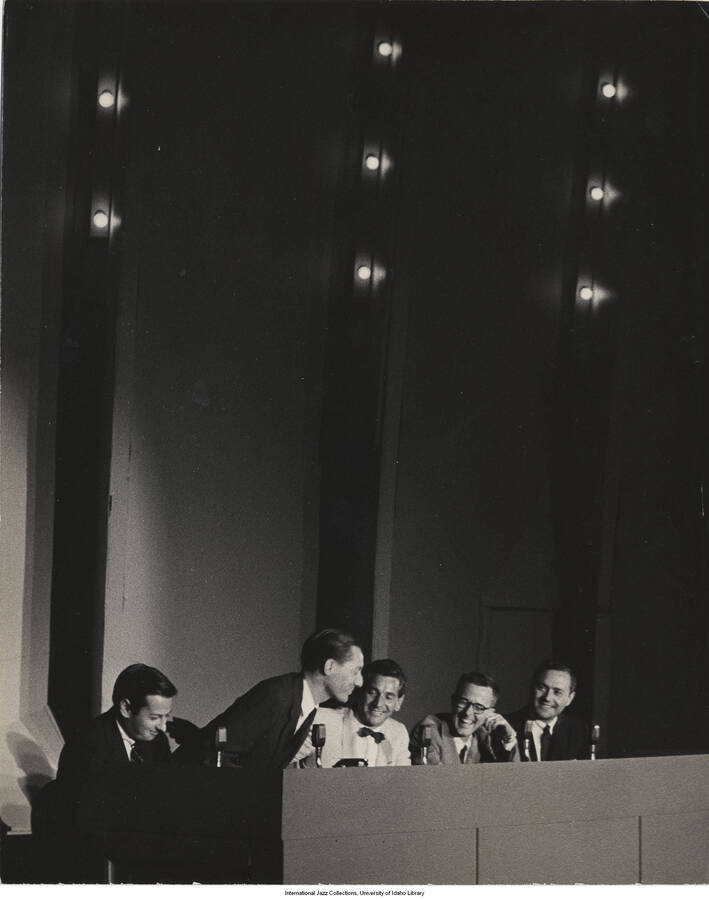 10 x 8 inch photograph; A. Previd, Leonard Feather, Leonard Bernstein, Ralph Gleason, Gene Norman at the Hollywood Bowl