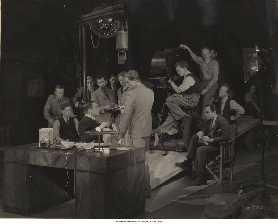 7 1/2 x 9 1/2 inch photograph; unidentified persons on a movie set