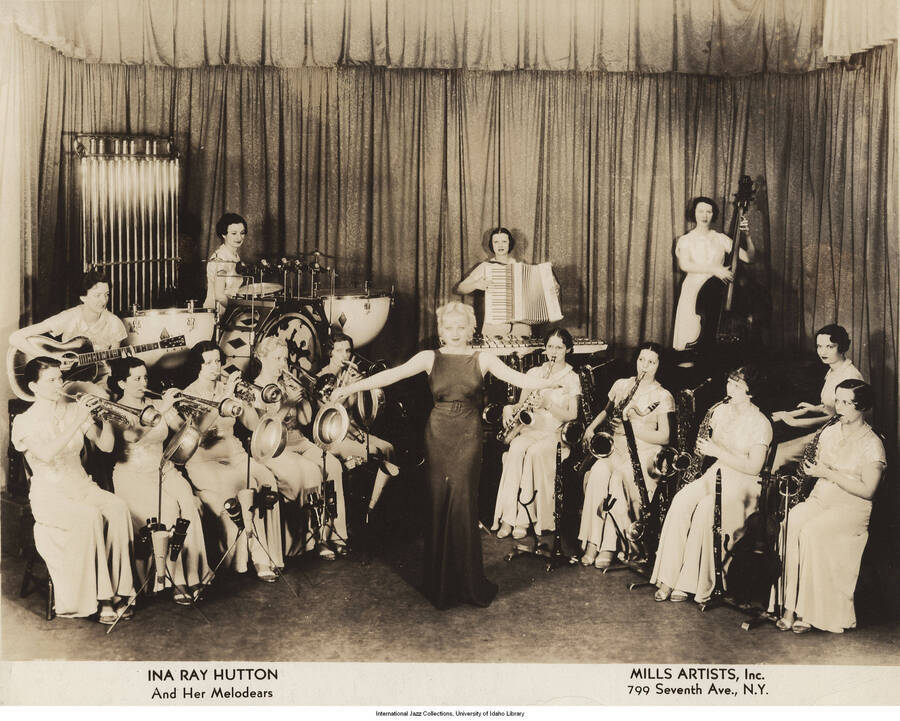 8 x 10 inch photograph; Ina Ray Hutton and her Melodears. Handwritten on the back of the photograph: Mutton