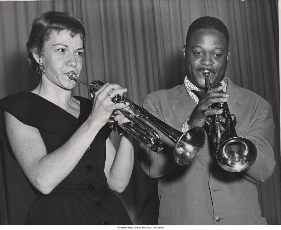 8 x 10 inch photograph; Norma Carson and Clark Terry at the recording of Cats vs. Chicks