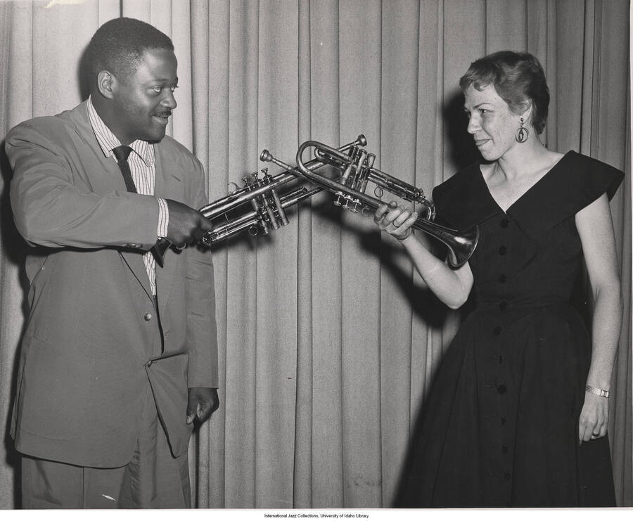 8 x 10 inch photograph; Norma Carson and Clark Terry at the recording of Cats vs. Chicks
