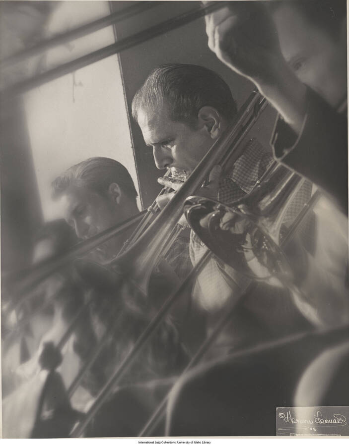 10 x 8 inch photograph; unidentified trombonist
