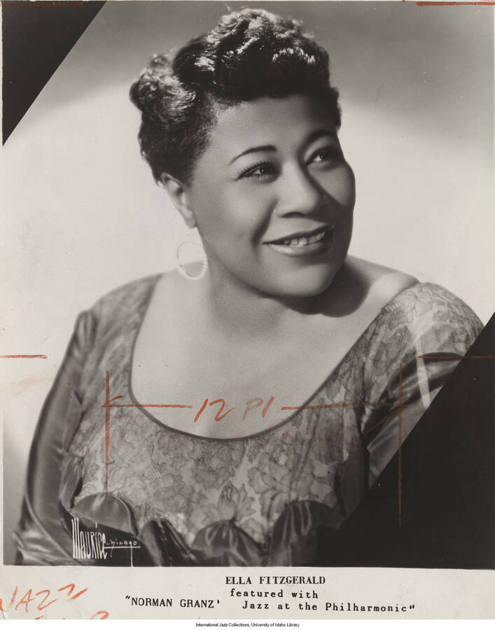 10 x 8 inch photograph; Ella Fitzgerald. The title says: Ella Fitzgerald featured with Norman Granz Jazz at the Philharmonic
