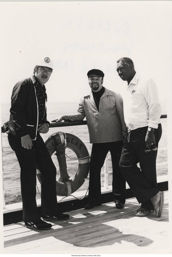 7 x 5 inch photograph; Kenny Burrell, James Williams, and Red Holloway on board a cruise ship