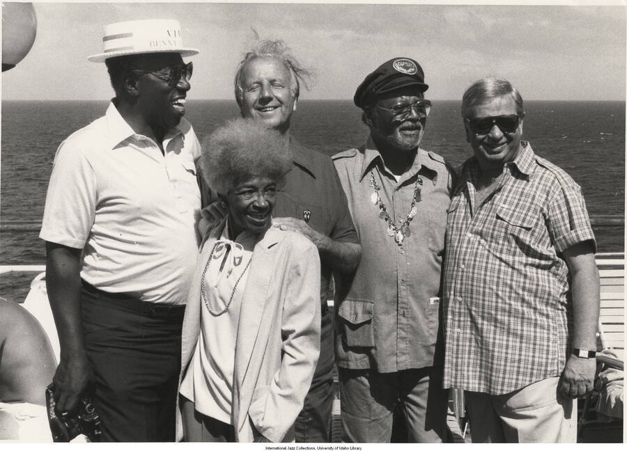 8 1/2 x 11 inch photograph; Joe Williams, Maxine Sullivan, George Shearing, Clark Rerry, Mel Torme. Jazz cruise, SS Norway. This photograph is published in Leonard Feather's book The Jazz Years: Earwitness to an era